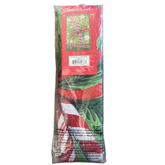 NIP Christmas Candy Cane & Ribbon Welcome Decorative House Flag 29" x 43" - Picture 2 of 4